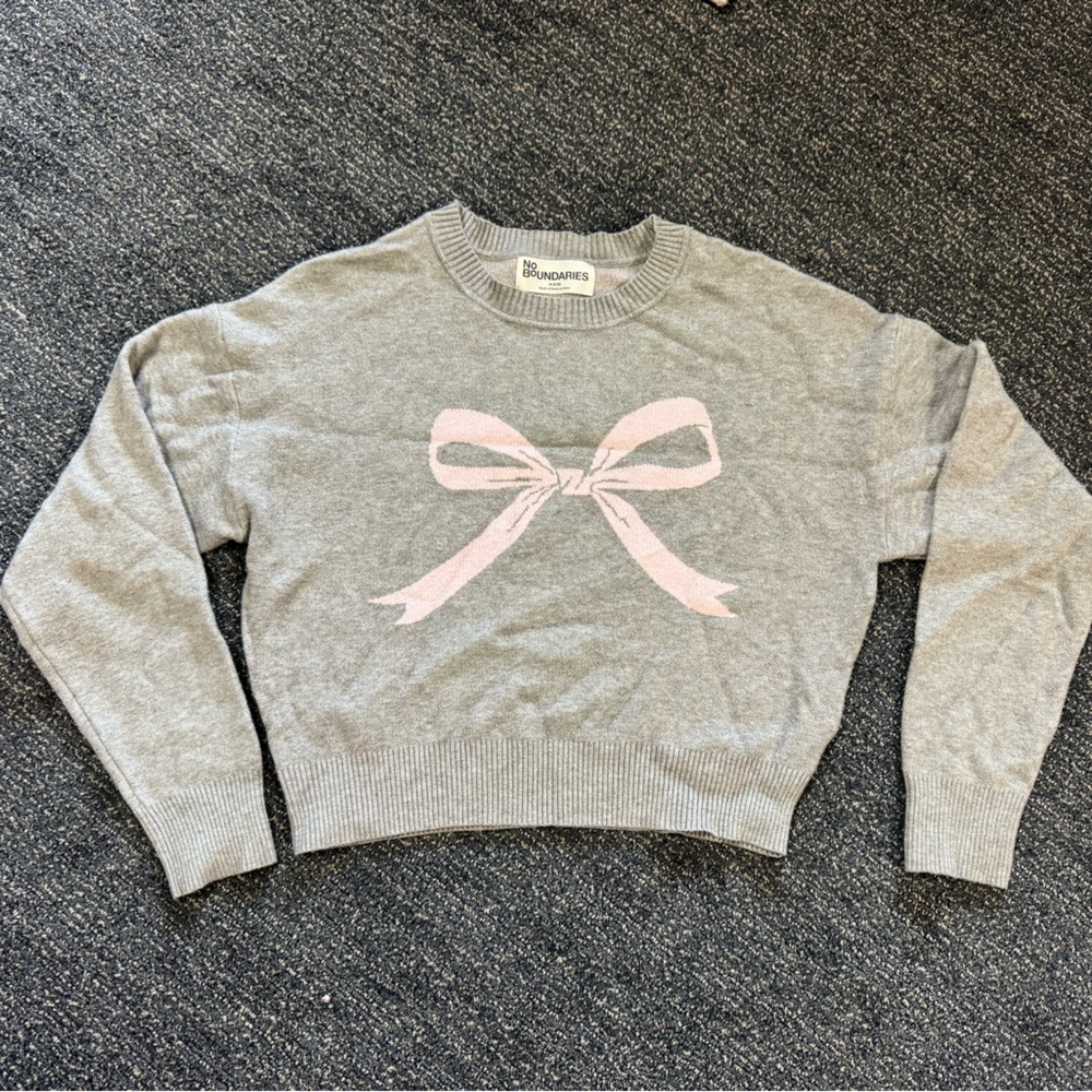 No Boundaries Gray Sweater with Pink Bow